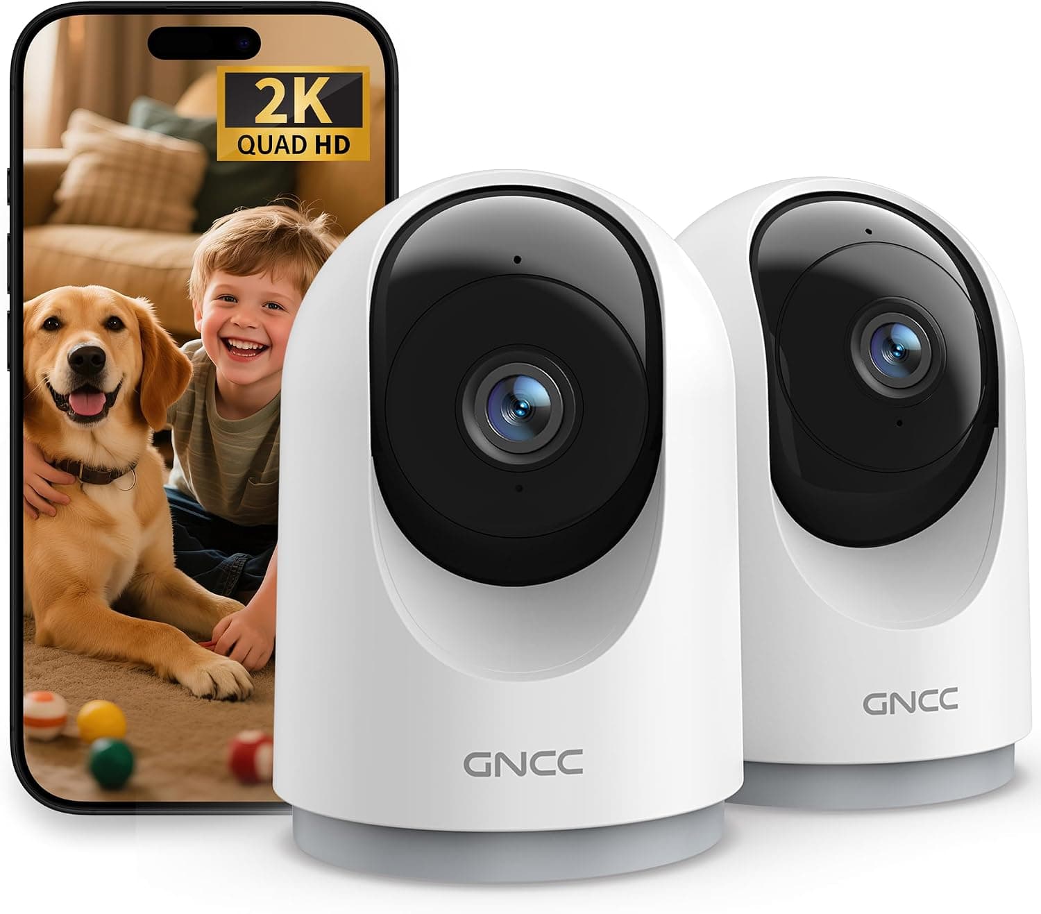 GNCC Cámara Vigilancia WiFi Interior 2K 3MP 2.4/5GHz Visión Nocturna 2 Pack