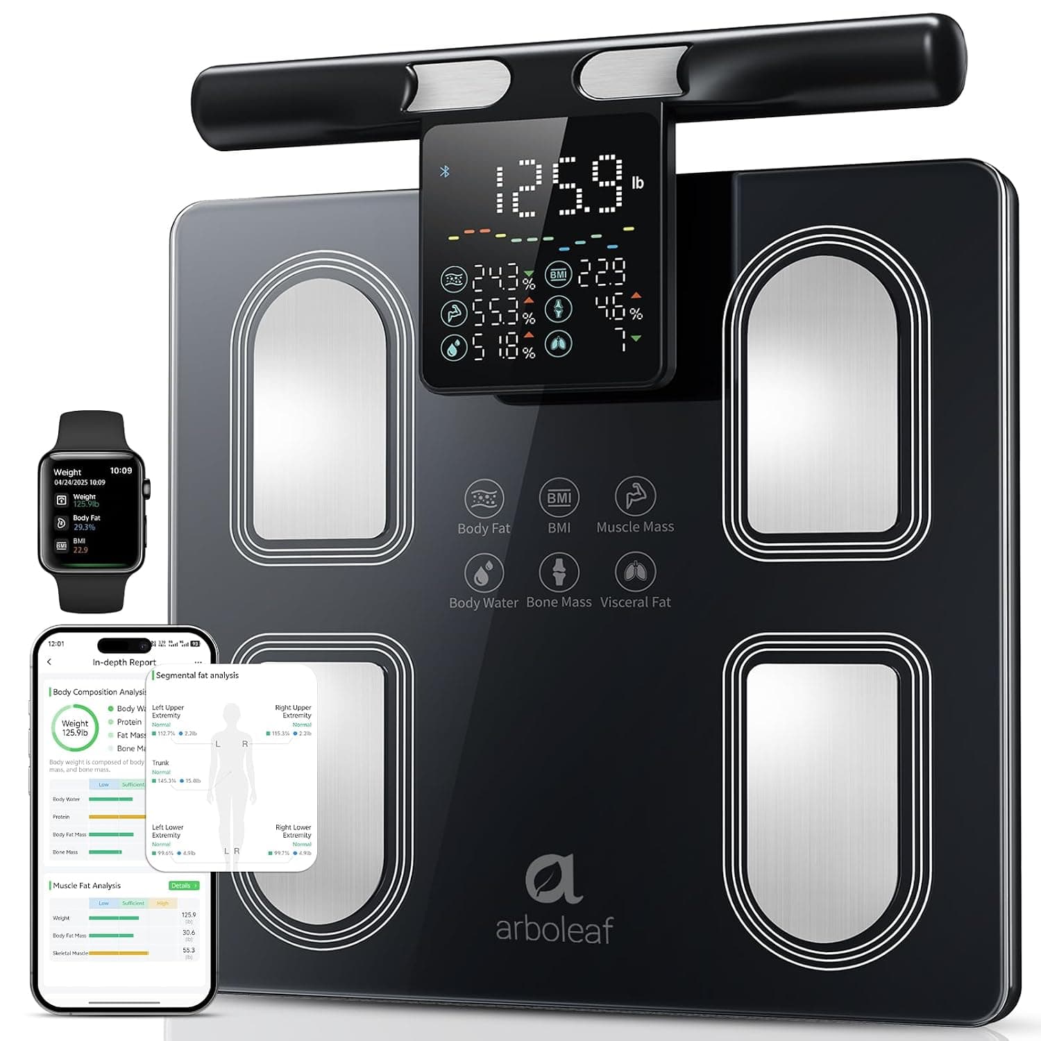 arboleaf Báscula Inteligente Bioimpedancia con 8 Electrodos, Monitor Preciso de IMC, Bascula Grasa Corporal y Masa Muscular con 50 Métricas y Pantalla en el Mango