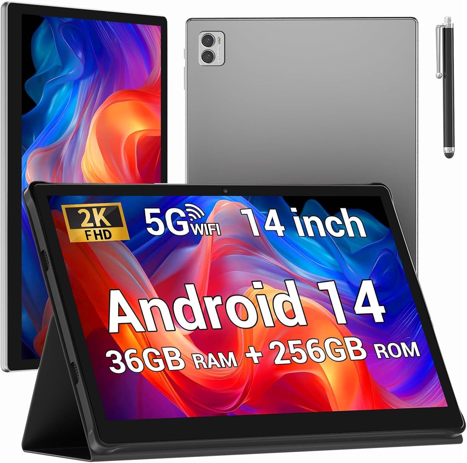 Tablet 14 Pulgadas con 4G LTE y 5G WiFi,11580mAh y 20W,36GB RAM+256GB ROM/2000 * 1200 FHD/Android 14/Face ID/GPS/BT 5.0/TÜV/USB-C,Tablet con Lapiz,Gris