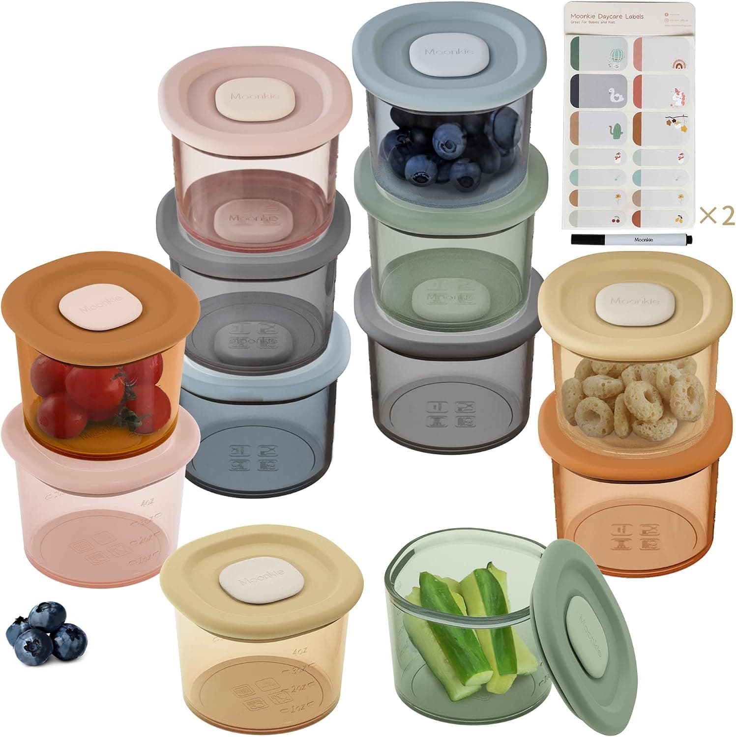 Moonkie Tarros Bebé Comida Silicona, Set 12 Vasitos 120ml, Herméticos y Sin BPA, Recipientes Conservación Potitos, Aptos para Lavavajillas, Microondas y Congelador