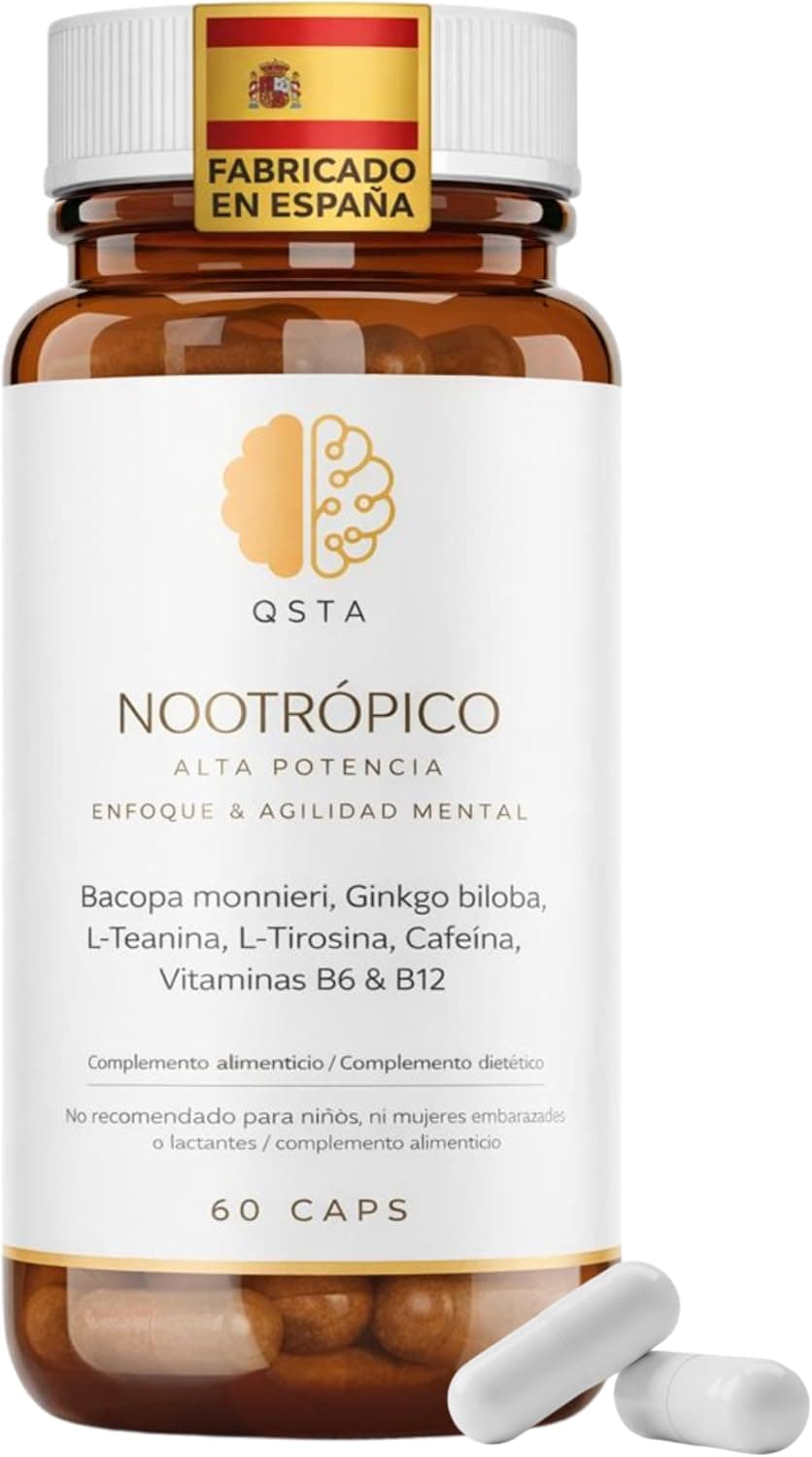 Pastillas Memoria y Concentración – Nootropico con Bacopa Monnieri, Ginkgo Biloba, Tirosina, Teanina, Cafeína y Vitaminas B6/B12 para Estudiar y Foco Mental