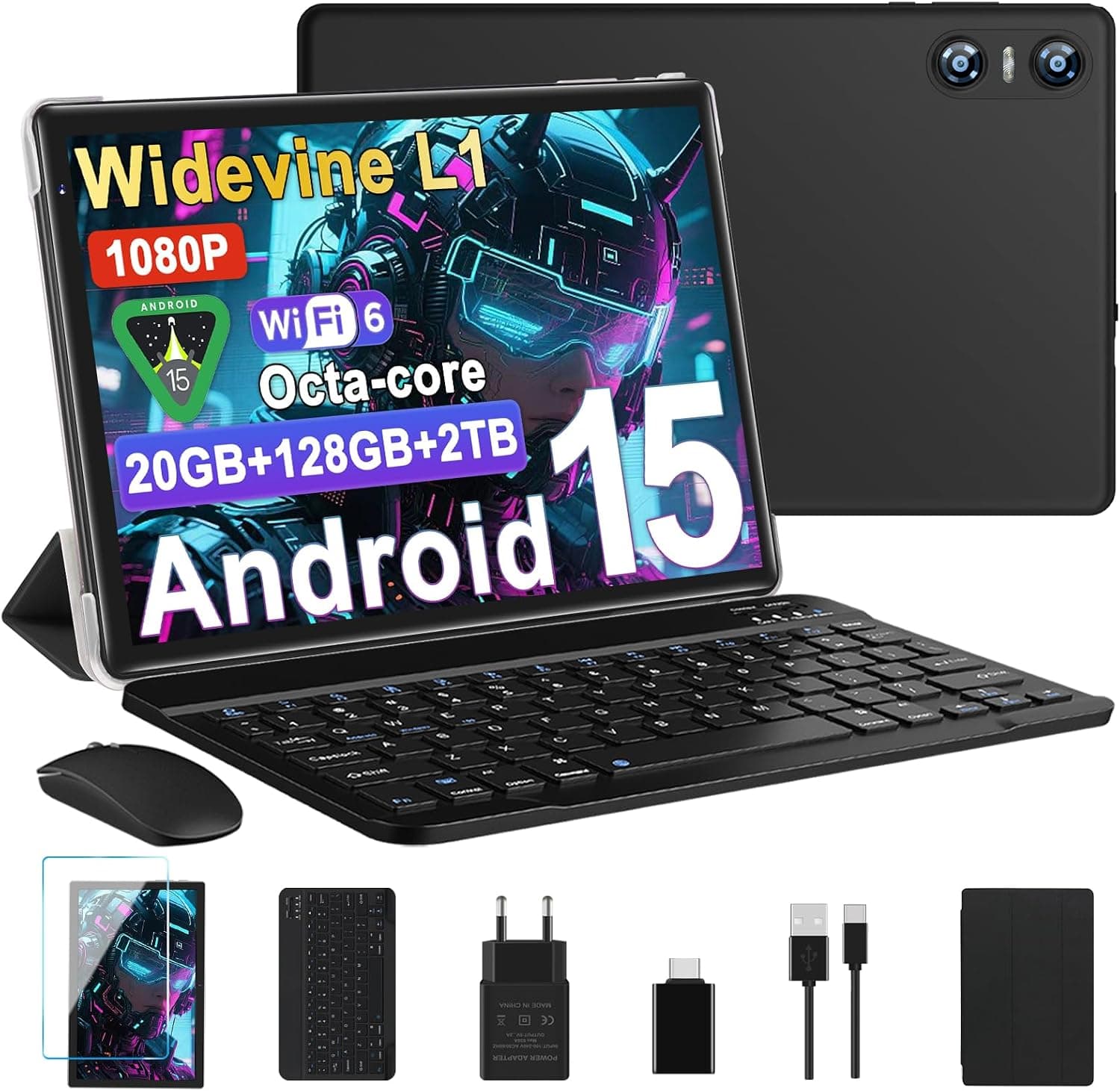 Tablet Android 15 Tablet 10 Pulgadas Gemini AI, 20GB RAM + 128GB ROM (TF 2TB), Octa-Core, Widevine L1, GMS, WiFi 6, 5 + 8 MP, 1280 * 800 Pixels, 6000mAh, Bluetooth 5.0, Tableta Teclado y Raton Negro