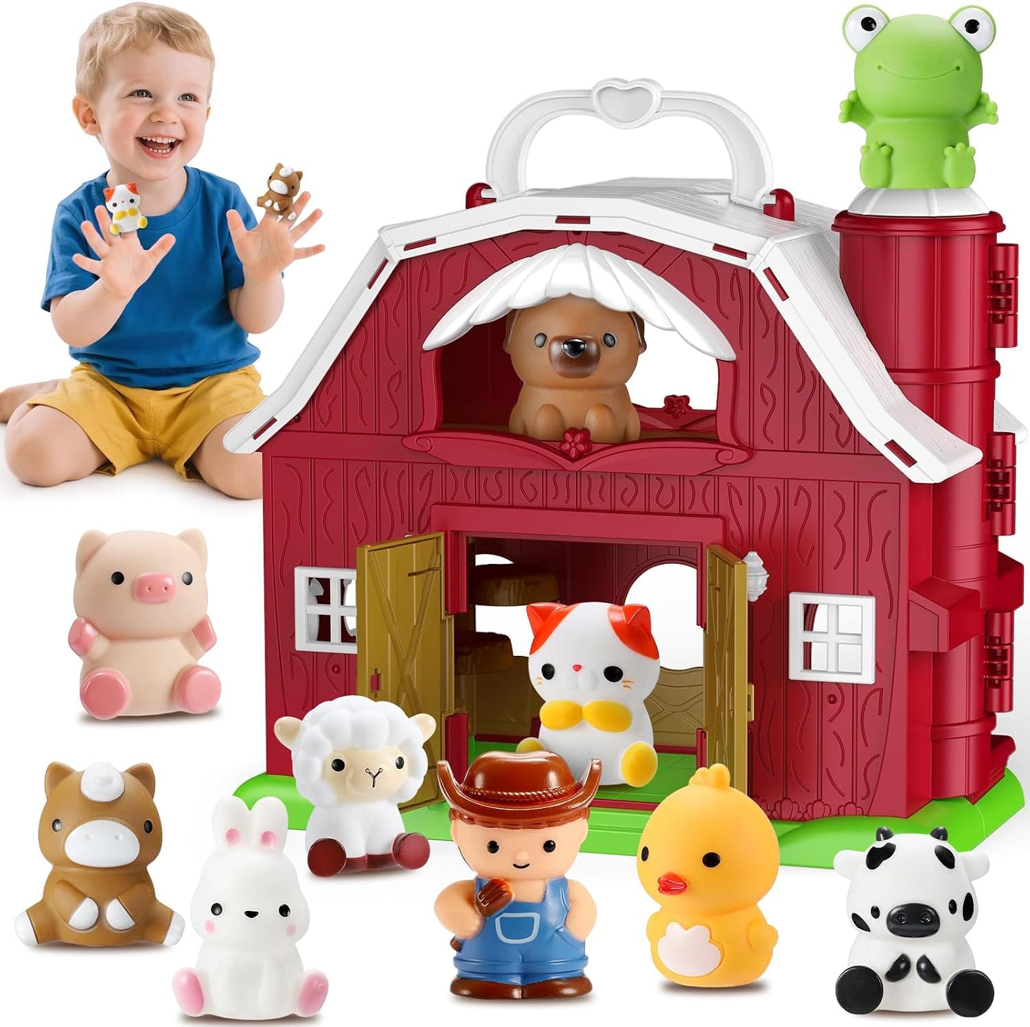 HappyKidsClub Juguete Granja Montessori Bebés 1-4 Años, Set Granja Interactiva - Granero Desplegable con 9 Animales y Granjero - Juguete Educativo Seguro para Niños Bebés (Lindo)