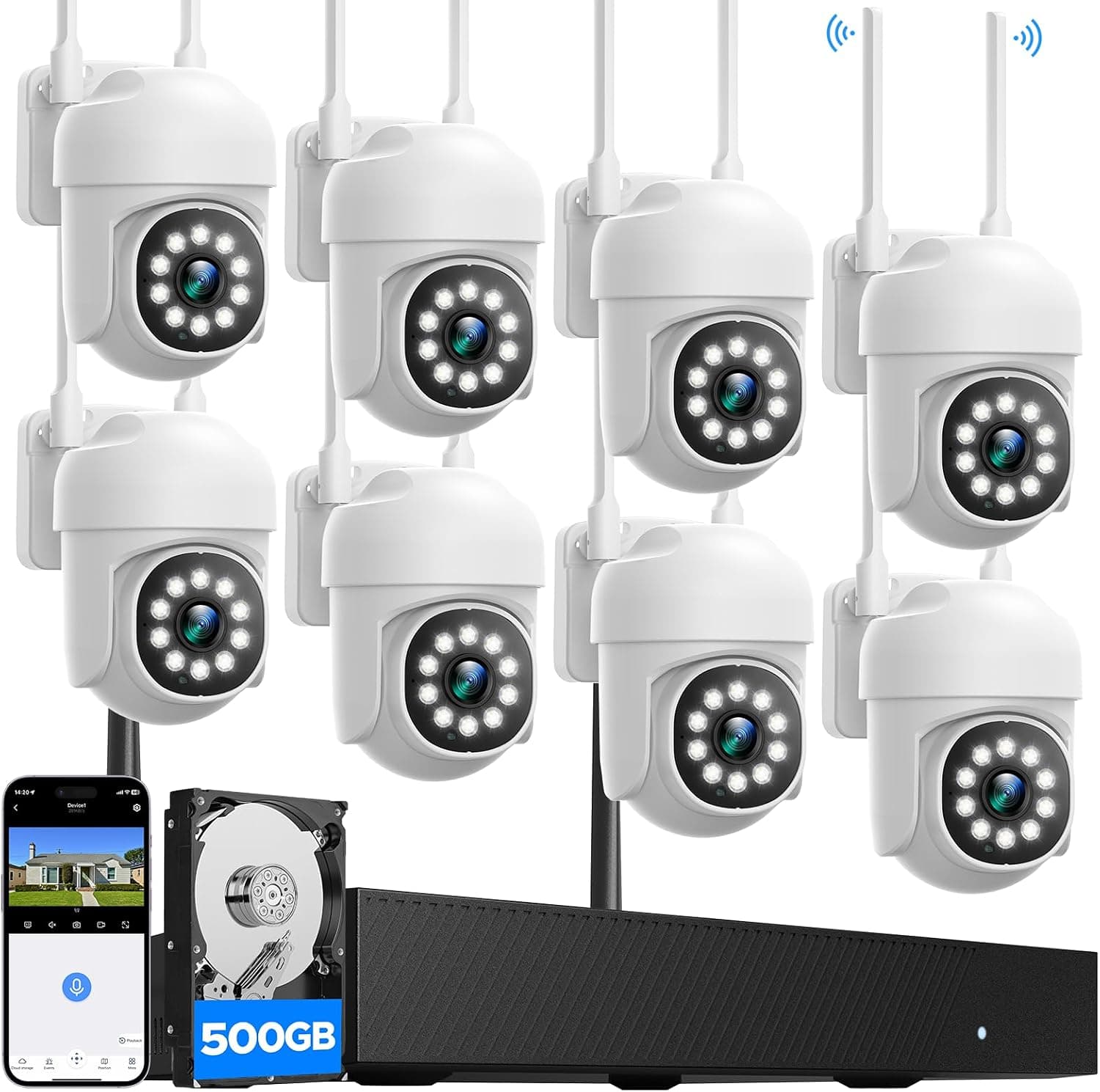 Camcamp Kit Camaras de vigilancia, 8X PTZ Cámara Vigilancia WiFi Exterior, Seguimiento Automático, Visión Nocturna en Color, Grabación 24/7, 16CH NVR con Memoria Local de 500 GB, Audio Bidireccional