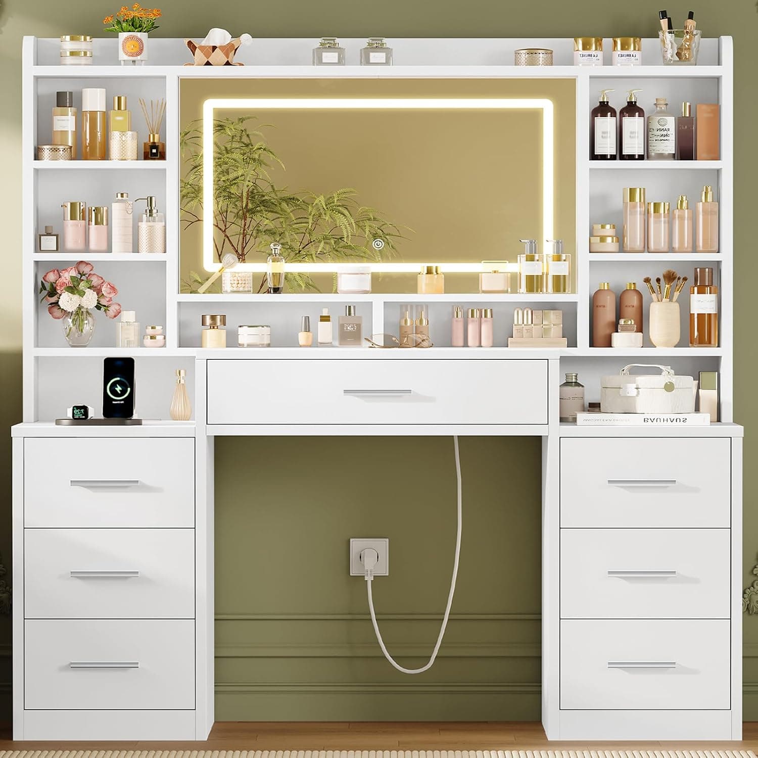 TEENFON Tocador de Maquillaje con Espejo LED y Enchufe,Mesa de Maquillaje con 7 Cajones y Estantes Abiertos, Cómoda Tocador Blanco Moderno para Dormitorio Vestidor