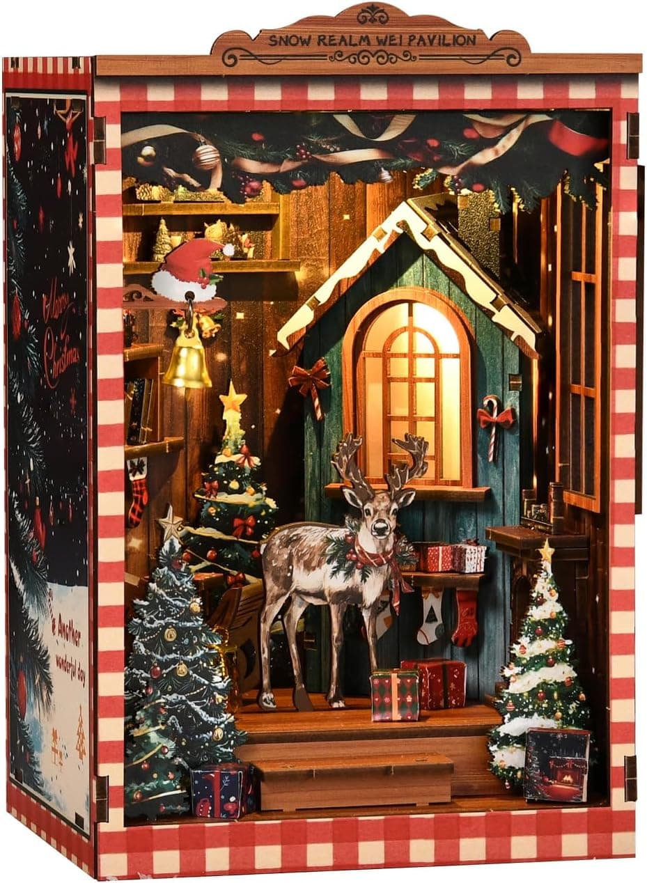 Bricolaje Book Nook Nevada Blanca Pabellón Sujetalibros de Madera y Puzzle 3D con Luz LED, Juego de Manualidades Adultos, Book Nook Kit