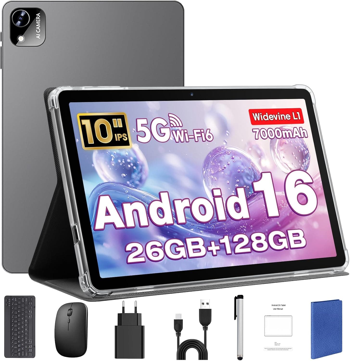 Android 16 Tablet 10 Pulgadas en Teclado, Ratón & Lápiz, CPU Unisoc T606, 26 GB RAM + 128 GB ROM + 1 TB TF, Pantalla IPS HD 1280x800, Cámara Dual, 7000 mAh, WiFi 6, BT 5.0, Widevine L1 (Funda Azul)