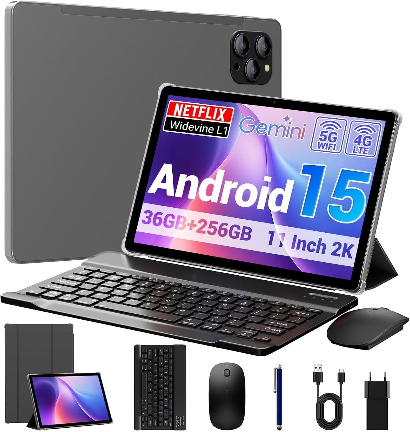 Tablet 11 Pulgadas Android 15 Tableta Gaming Octa-Core T615,4G LTE y 5G WiFi,36GB RAM+ 256GB ROM,Widevine L1,8000 mAh,Cámara 16MP+8MP, GPS,Tablet con Teclado,Gris