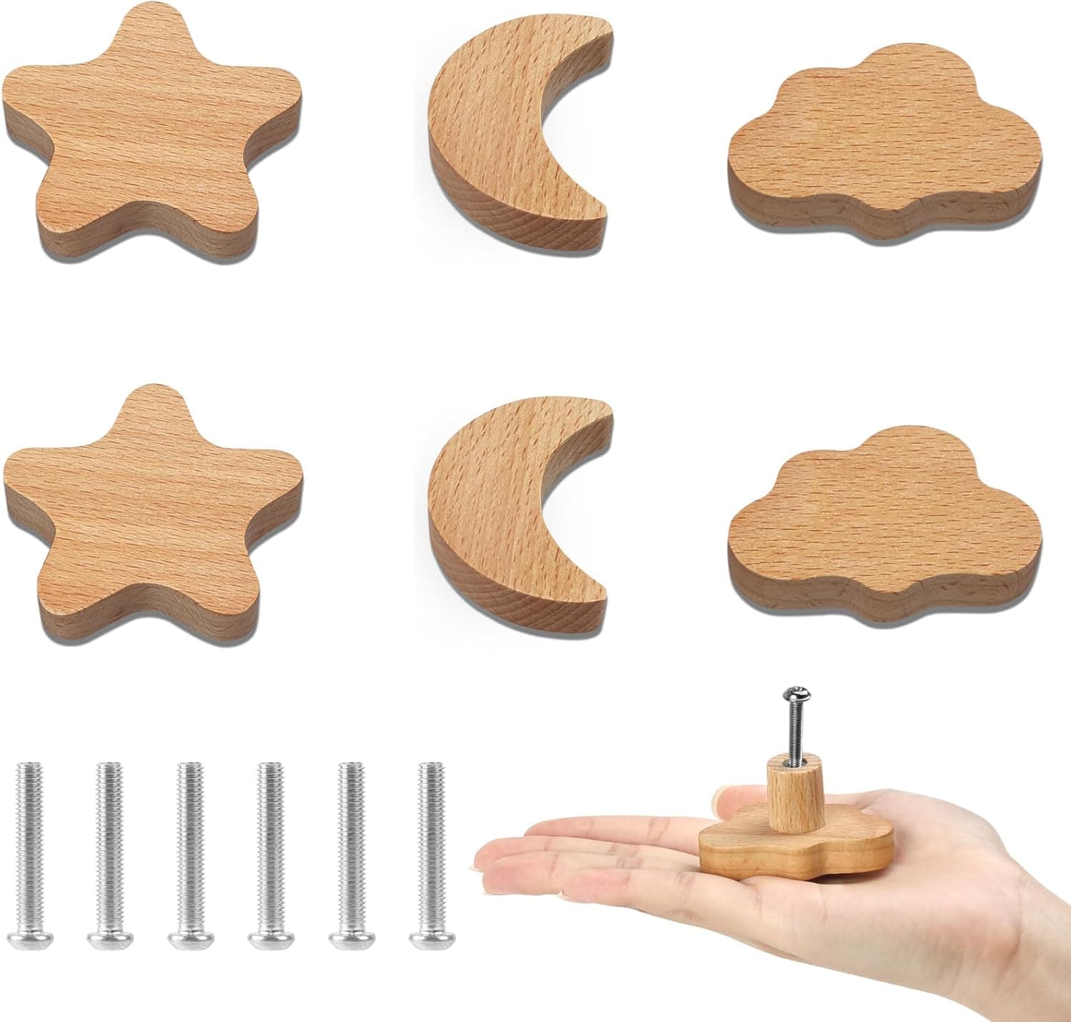 Aolso 6 pomos Tiradores de Madera para Armarios, Tiradore Cajones con Tornillos, Manijas de Puerta de Madera, Textura Natural Estrellas, Luna y Nubes Pomos y Tiradores Infantiles