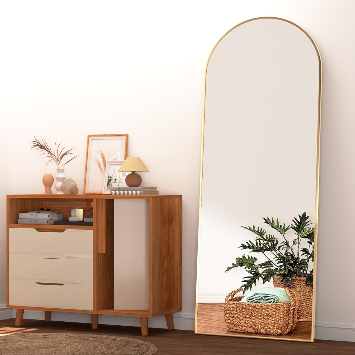 Arqueado Espejo de Cuerpo Entero, 162X53cm Espejo de Suelo arqueado con Soporte, Espejo de Pared Grande, Dorado Colgado de pie o apoyado contra la Pared para Entrada de Dormitorio