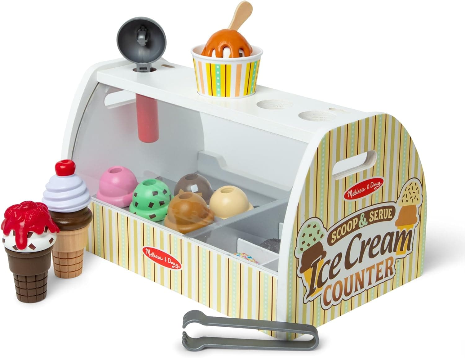 MELISSA & DOUG - Puesto de Helados Madera 28 Piezas: Heladería con 8 Bolas de Helado, Conos y Más - Juguetes Niños 3 Años, Regalo Niño 3 Años, Accesorios Cocinita Infantil
