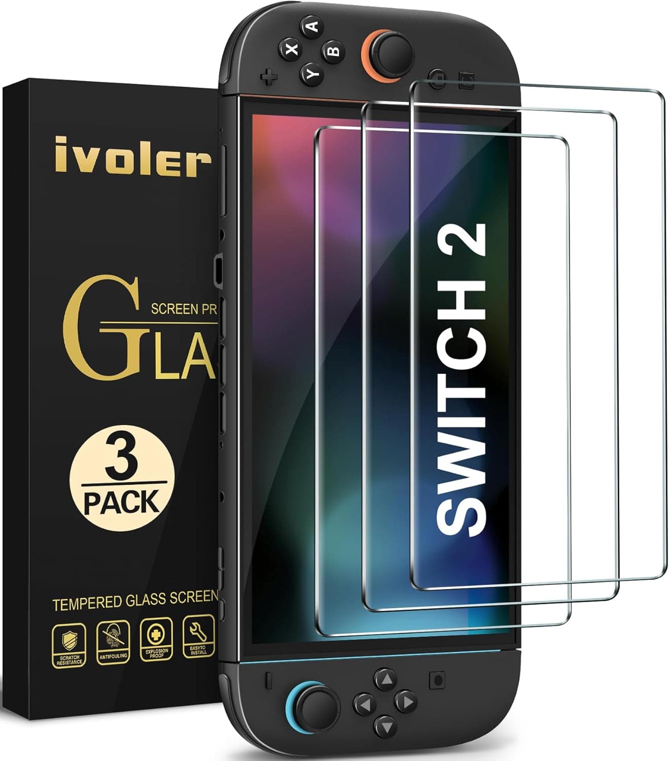 ivoler 3 Piezas Protector Pantalla para Nintendo Switch 2 Model 2025, Cristal Vidrio Templado Premium