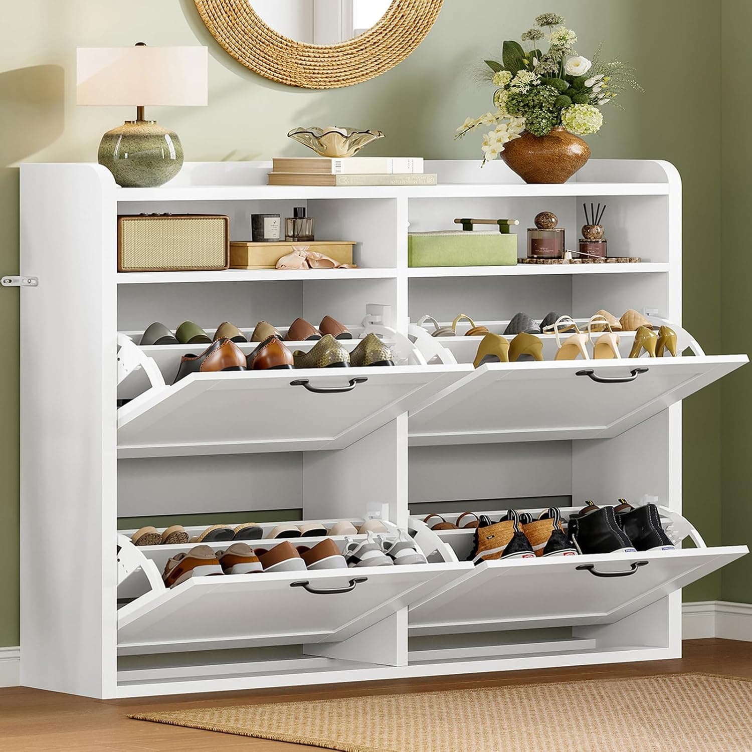 TEENFON Mueble Zapatero Recibidor Estrecho–105cm de Ancho, Armario Zapatero con 4 Solapas y 2Compartimentos Abiertos, Estantes Ajustables, para18–26Pares de Zapatos, Apto para Pasillo,Recibidor,Blanco