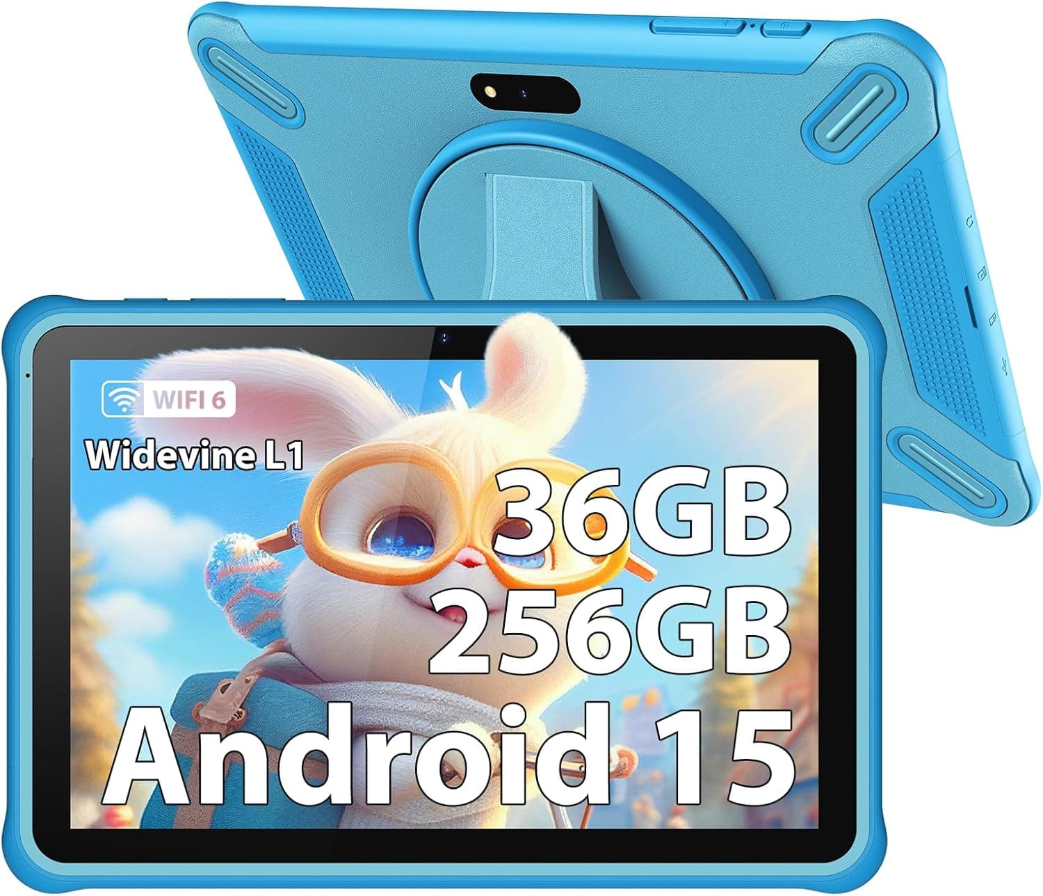 Tablet para niños 10 Pulgadas, 36GB RAM 256GB ROM (SD expandible), Android 15.0, Widevine L1, Control Parental, Pantalla HD IPS, 5MP+2MP, 5G WiFi 6, Bluetooth 5, Tablet educativa(Azul)