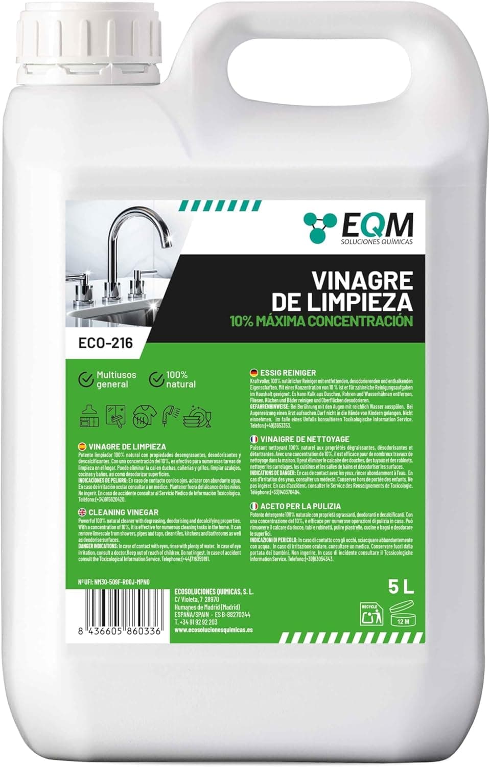 EQM - ECO-216 - Vinagre de Limpieza Concentrado - 5L - 10º de Acidez - 100% Natural - Potente Limpiador Multiusos para el Hogar