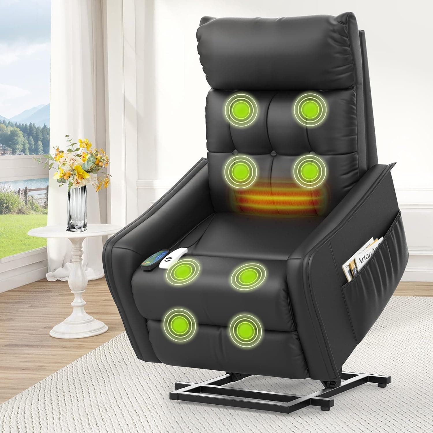 Silla reclinable para Ancianos, elevación eléctrica y sillón reclinable con Masaje y Calor, reposapiés extendido, Silla reclinable con 2 Controles remotos para Sala de Estar (PU Negro)