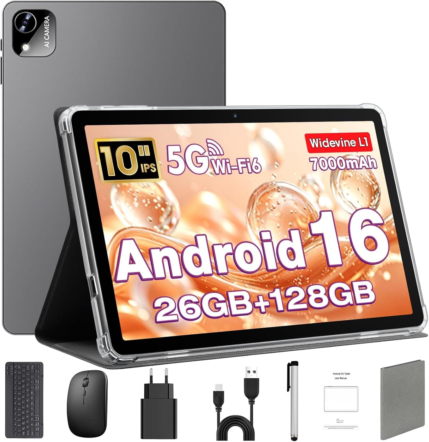 Android 16 Tablet 10 Pulgadas en Teclado, Ratón & Lápiz, CPU Unisoc T606, 26 GB RAM + 128 GB ROM + 1 TB TF, Pantalla IPS HD 1280x800, Cámara Dual, 7000 mAh, WiFi 6, BT 5.0, Widevine L1 (Funda Gris)