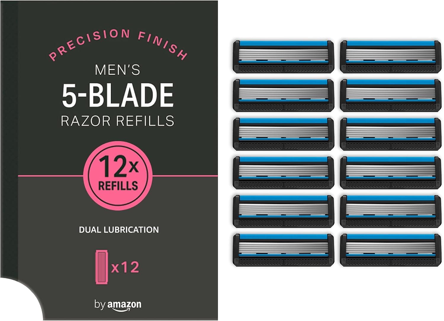 by Amazon Cartucho de Repuesto para Maquinilla de Afeitar de 5 Hojas para Hombre, Doble Lubricación para Piel Sensible, Paquete de 12 Unidades