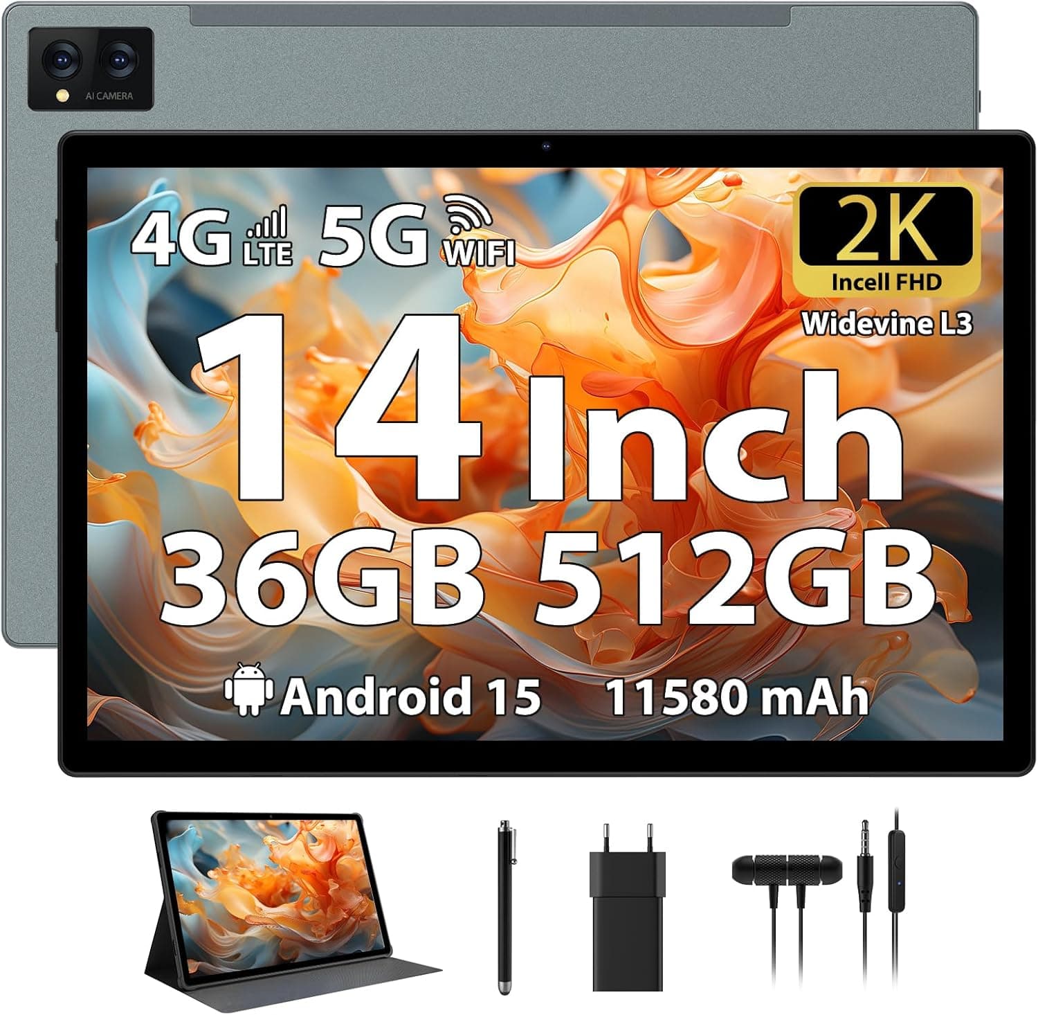 Tablet 14 Pulgadas Android 15 Tableta 2K FHD 36GB+512GB/TF 2TB, Octa-Core, 11580mAh, Dual SIM 4G LTE+5GWiFi, 4 Altavoces/GPS/13MP Cámara/BT5.0 Funda/Pen, Gris