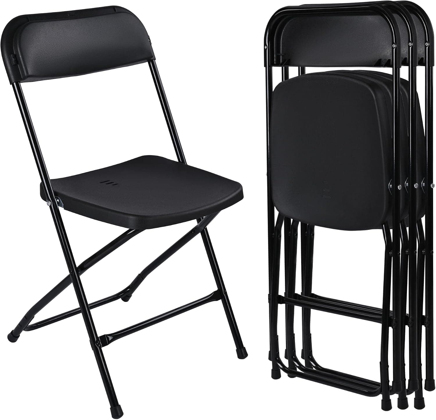 Pack 4 Sillas Plegables Negras Apilables Resistentes Para Interior Exterior | Asiento Ergonómico Plástico Reforzado Estructura Acero Antideslizante | Uso Oficina Comedor Eventos Camping | Hasta 120kg