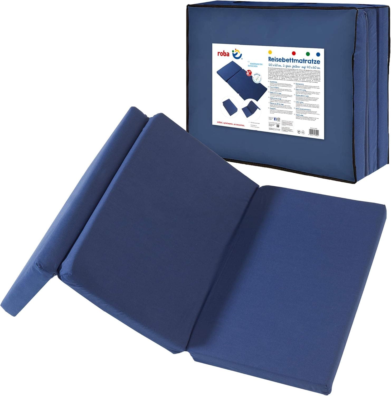 roba Colchón de Viaje para Bebé Plegable - 60 x 120 cm Azul Oscuro + Bolsa de Transporte - Funda Desmontable - Espuma Firme y Confortable