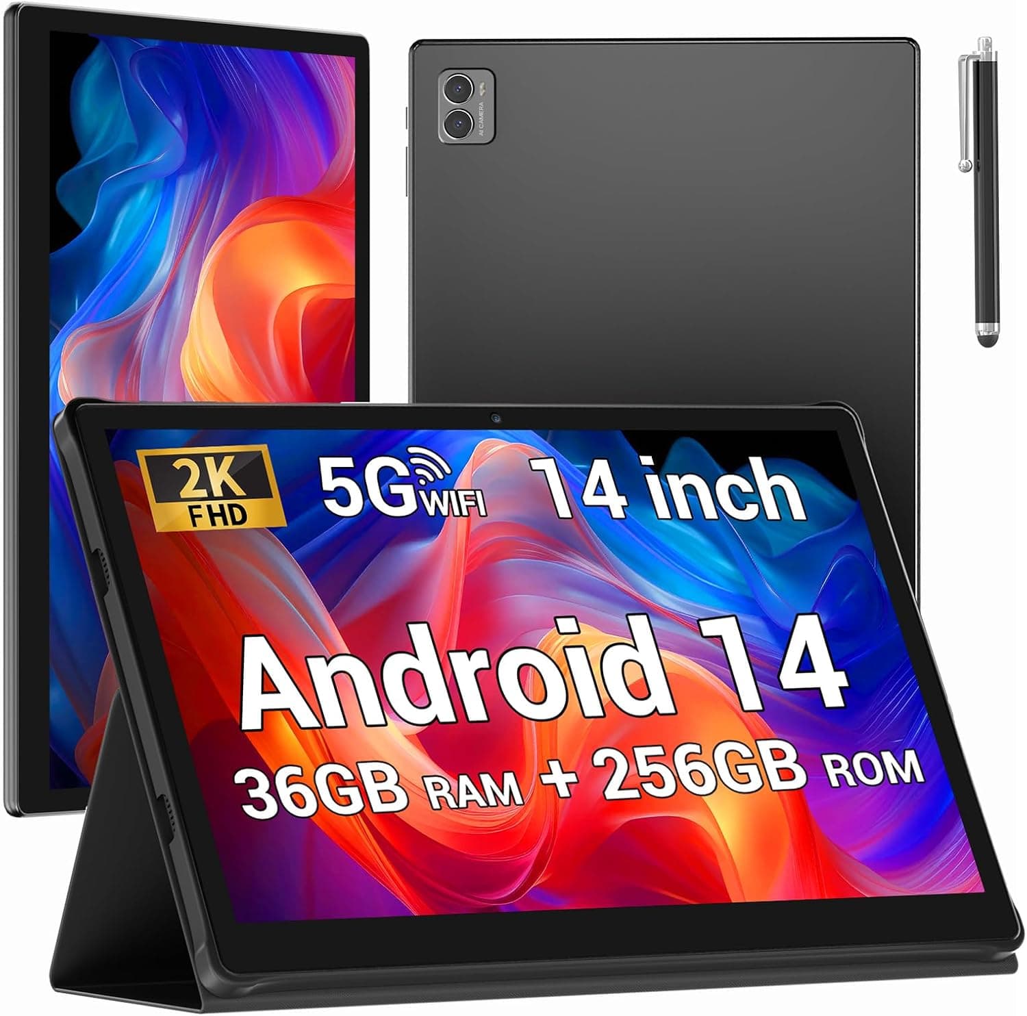 Tablet 14 Pulgadas con 4G LTE y 5G WiFi,11580mAh y 20W,36GB RAM+256GB ROM/2000 * 1200 FHD/Android 14/Face ID/GPS/BT 5.0/TÜV/USB-C,Tablet con Lapiz,Negro