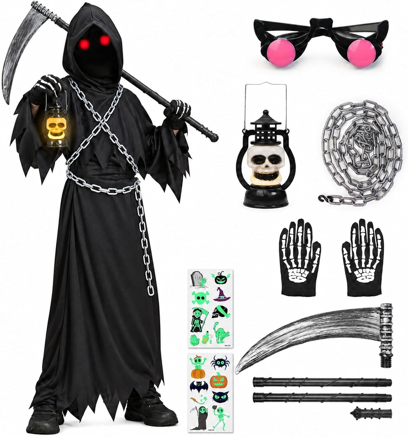 Disfraz de Halloween para niños, disfraz de Halloween con lámpara de cráneo, guantes, cadena para la cintura y gafas luminosas, disfraz de Grim Reaper Scream