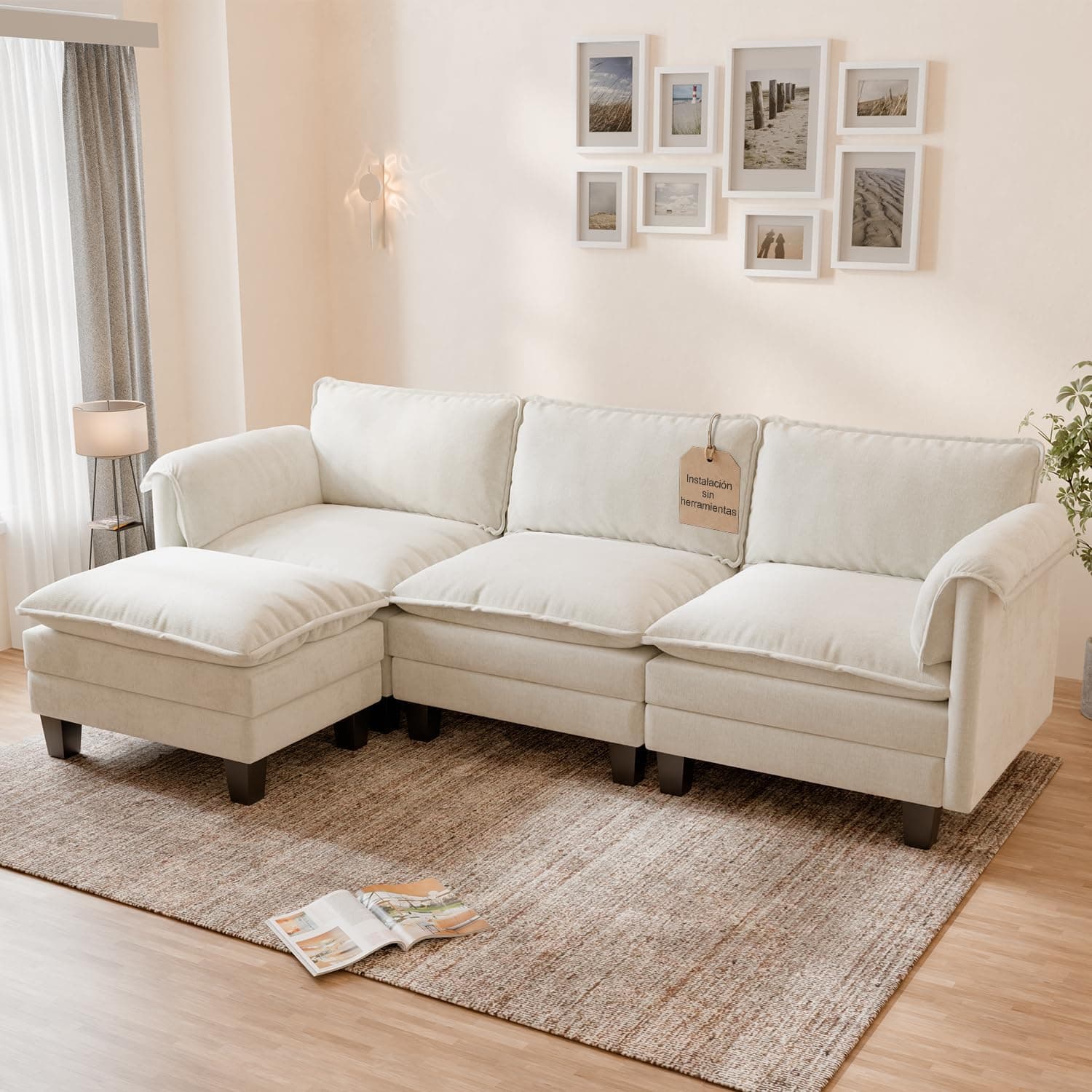ELUCHANG Sofá Nube Modular 256cm con Puf, Sofá de Esquina de 3 Plazas en Forma de L, Asiento Profundo 62cm, Montaje sin Herramientas, Sofá de Chenilla para Salón, Beige