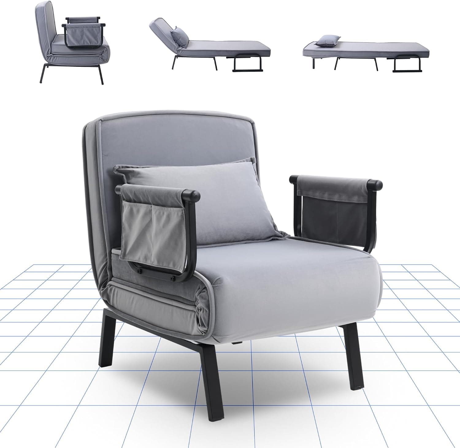 FLEXISPOT Sillón Cama 3 en 1 con función de Cama, Respaldo Ajustable, sofá Cama de Lino con Bolsillo Lateral, Patas Plegables, Ahorra Espacio para salón, Dormitorio u Oficina (Gris)