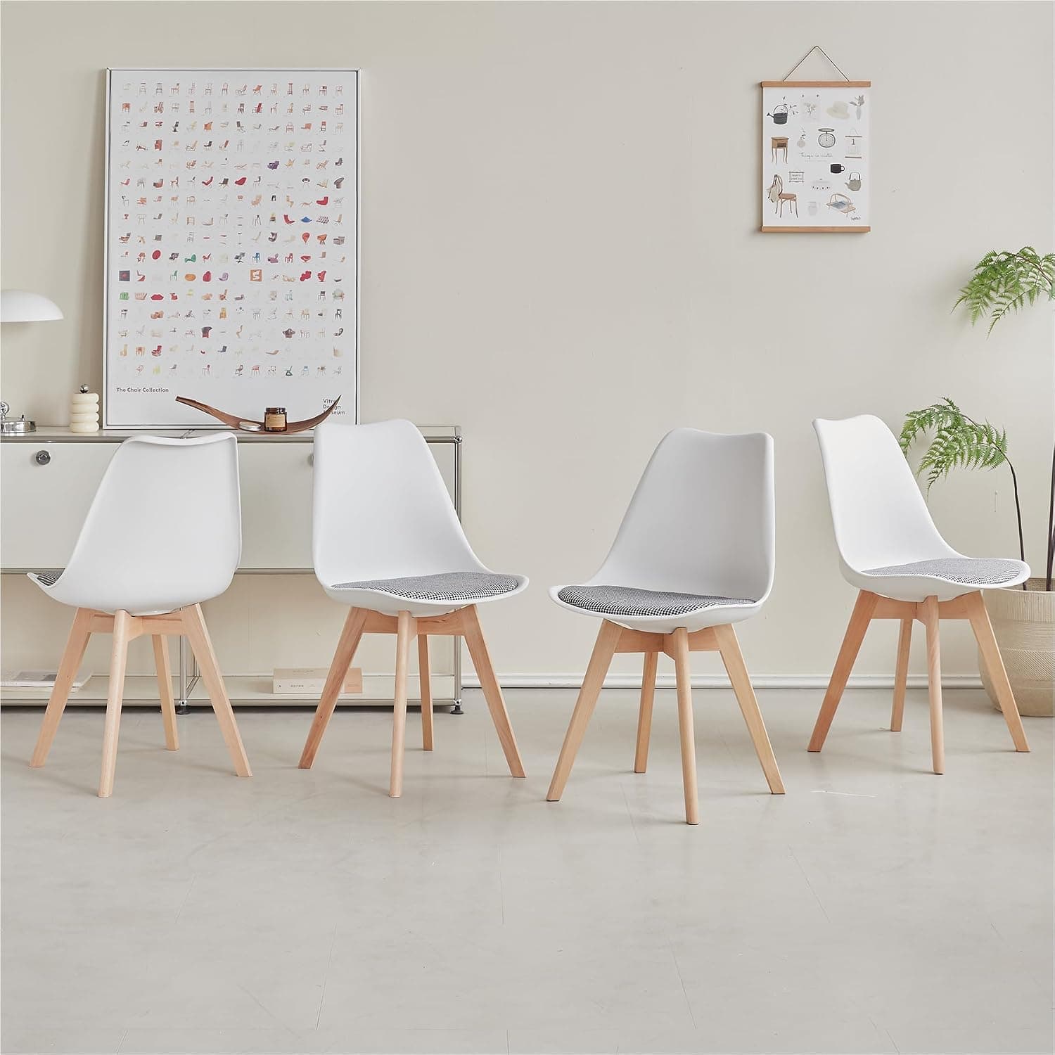 Juego de 4 sillas de comedor escandinavas, sillas de cocina modernas con cojín de tela, sillas auxiliares de lino con patas de haya, color blanco