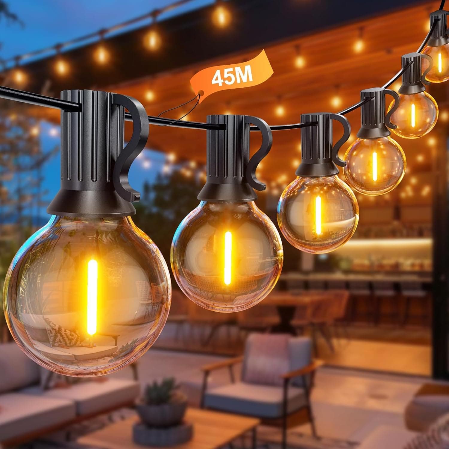 Luces Exterior Jardin 45,7M, Guirnalda Luces Exterior con 75+2 Bombillas, Impermeable Luce Jardin para Terraza, Café, Cobertizos, Bodas, Pérgolas