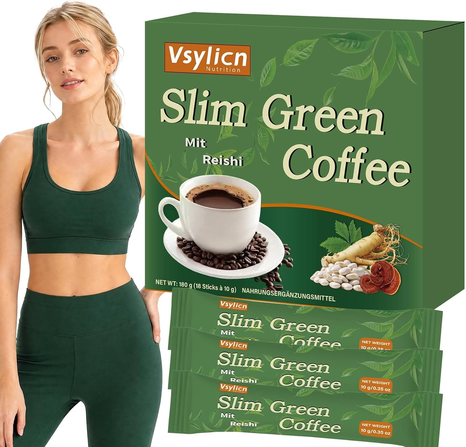 Slim Green Coffee Boost con L-Carnitina, Té Verde y Ganoderma – Quemador de Grasa Natural, Control de Peso y Energía Sostenida, 18 Sobres Monodosis, Sin Gluten, 25 kcal por Dosis