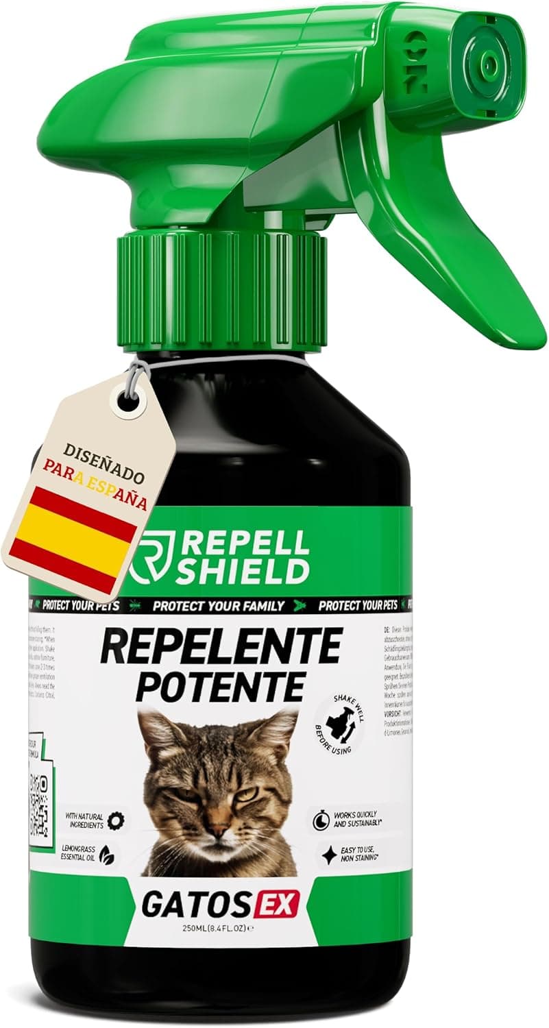 RepellShield® Spray Repelente Gatos - Antiarañazos - Ahuyentador de Gatos Exterior e Interior - 250ml - Protege Tus Sofás, Alfombras, Cortinas, Jardín - No Mancha - Seguro para Niños y Mascotas