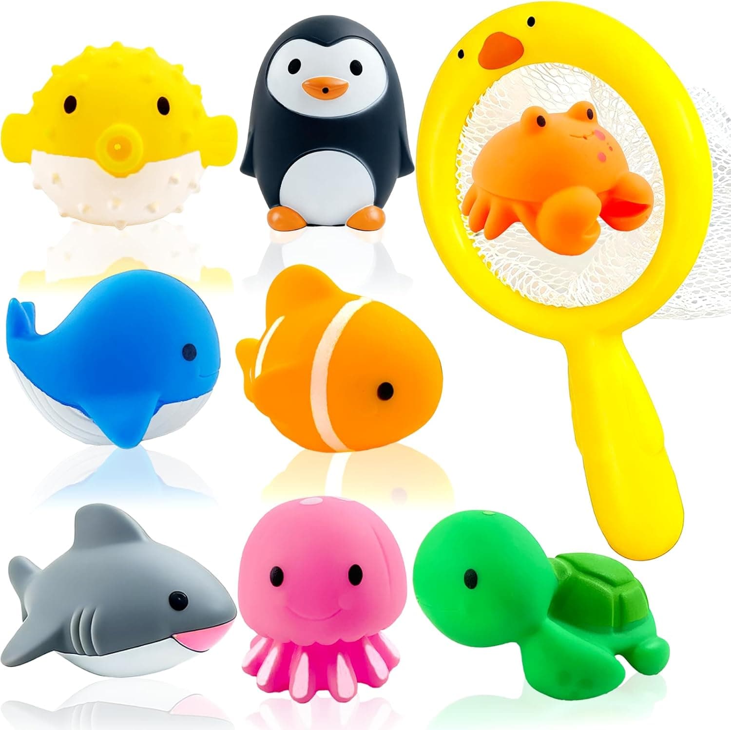 Juguetes de Baño Bebé – Set 9 Piezas con Animales Marinos y Red – Juguetes Bañera Bebé – Flotan y Echan Agua – Juguete Bañera Infantil para Baño y Piscina
