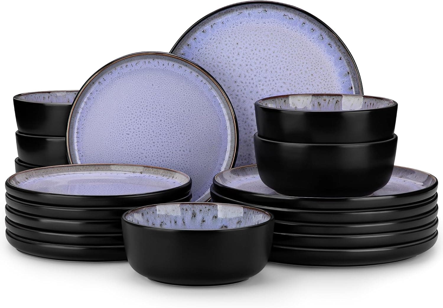 vancasso Serie AMBER Vajillas Completas 6 Personas, Vajilla 18 Piezas de Gres - 6 Platos Llanos, 6 Platos de Postre y 6 Cuencos de Cereales - Apto para Lavavajillas, Esmalte Reactivo Violeta