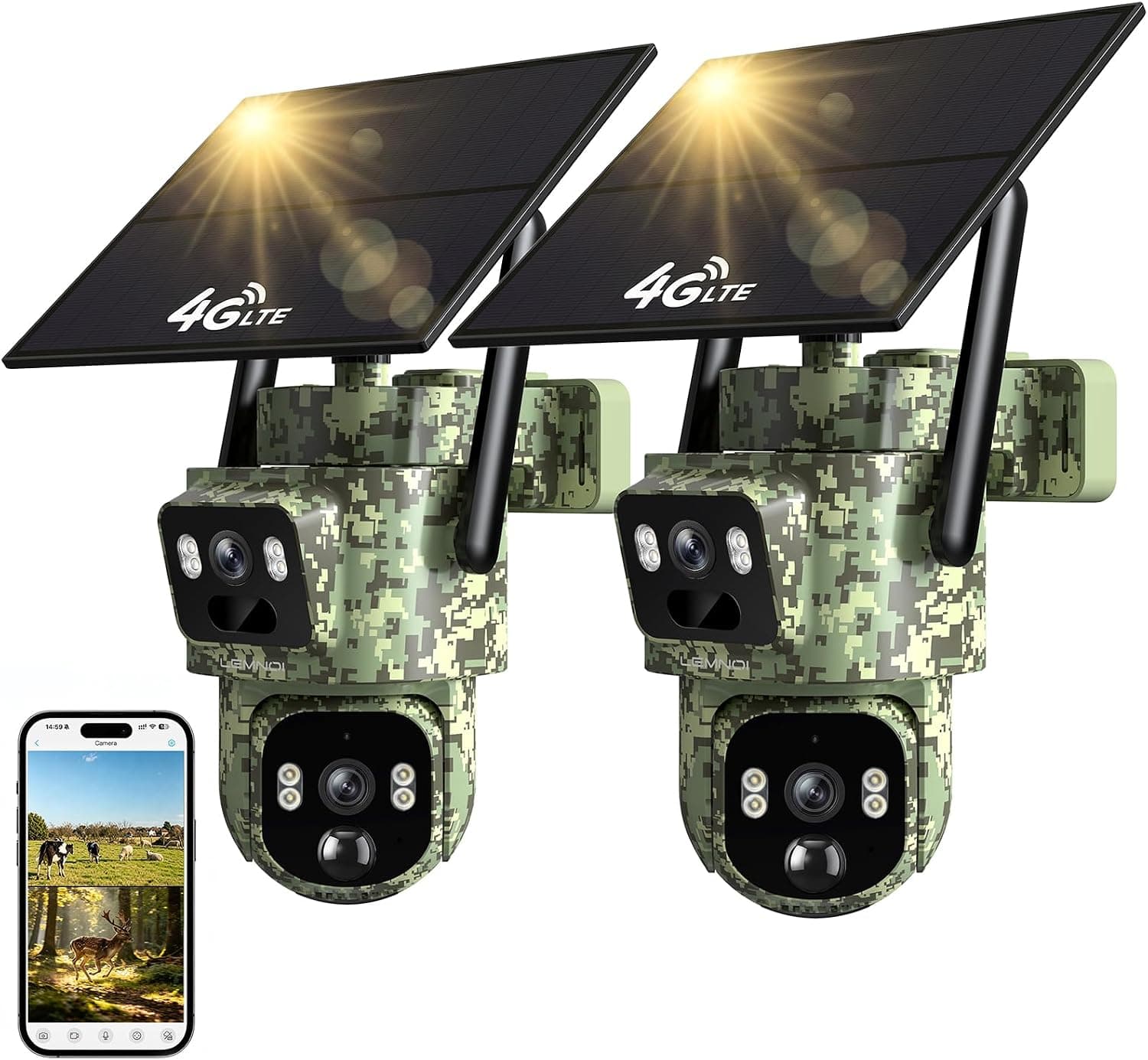 LEMNOI 4G Cámara de Vigilancia Exterior Solar con Dos Lentes, SIM Preinstalado Sin WiFi, 360° PTZ con Seguimiento Humano, Detección de Movimiento, Visión Nocturna, Audio Bidireccional, IP66, 2 Piezas