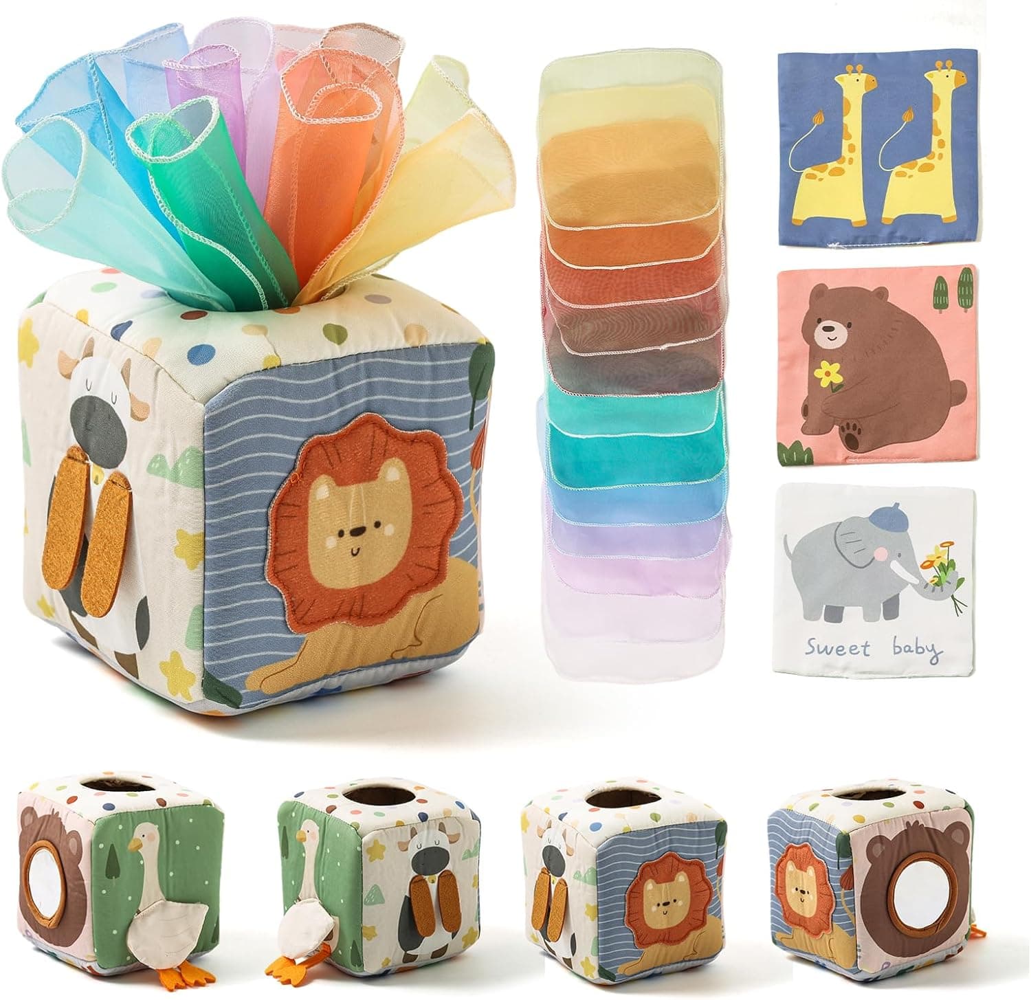 Youuys Caja de Pañuelos Montessori para Bebés 6 a 12 Meses,Juguete Sensorial para Bebés de 0 a 6 Meses y 1 Año,Regalo para Bebé Niña y Niño con Espejo y Texturas
