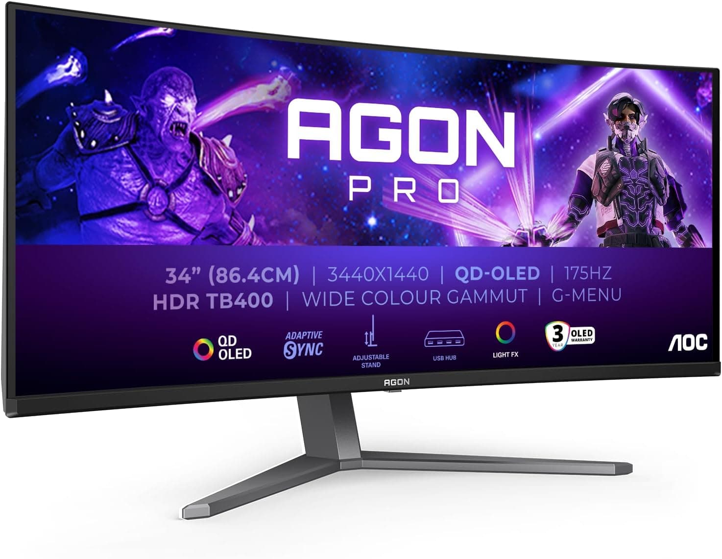 AOC AG346UCDAM Gaming Monitor 34 Pulgadas 175Hz Panel QD-OLED, 0.03ms GtG, HDR400 TrueBlack, Adaptive Sync, G-Sync Comp., Altavoces, Altura Ajustable, (3440x1440 HDMI 2X 2.0 DP 1x 1.4 USB Hub) Negro
