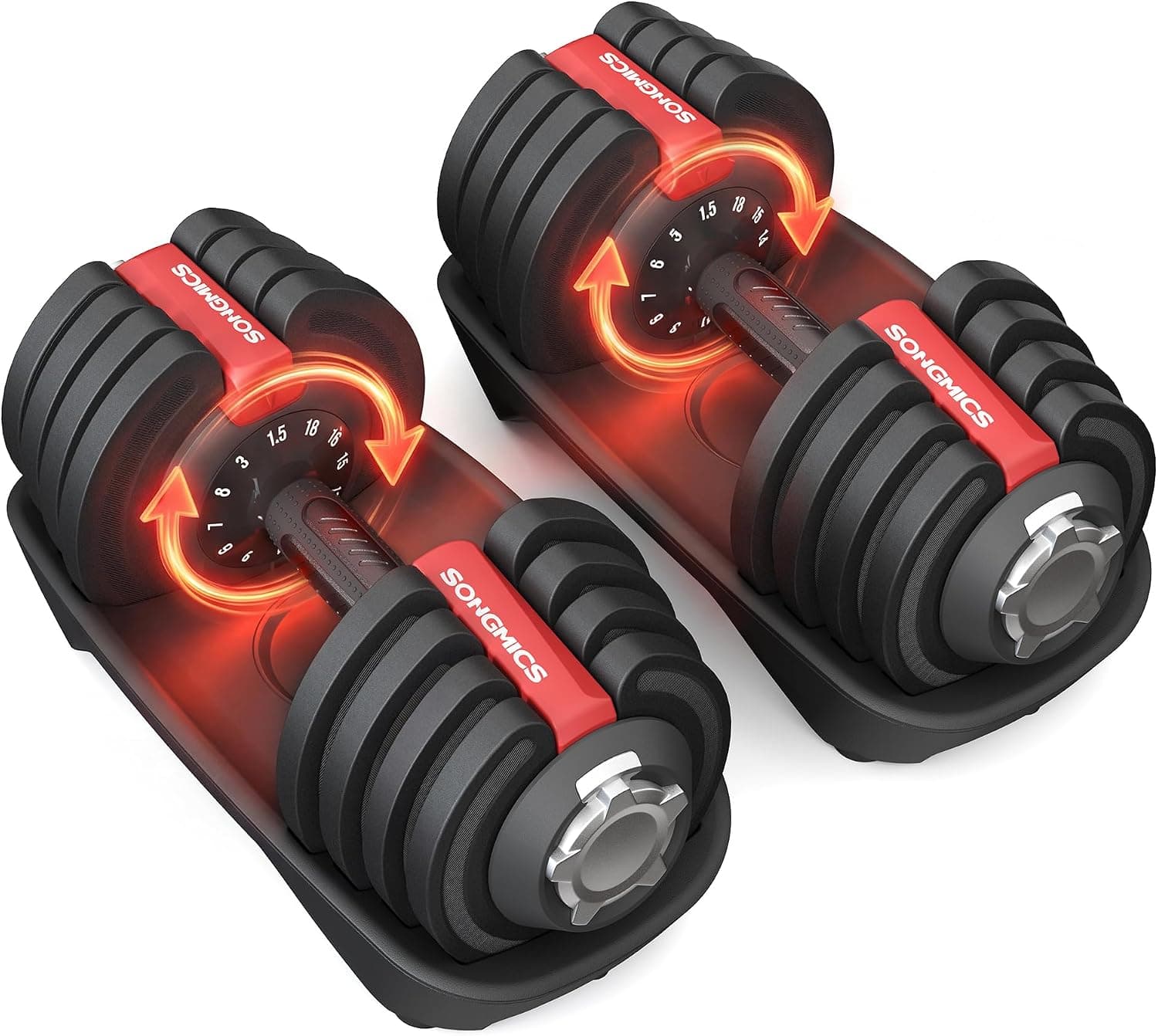 SONGMICS Juego de 2 Mancuernas Ajustables 12 en 1, Ahorran Espacio, Mango Antideslizante, Soporte Base, Entrenamiento de Fuerza y Fitness en Casa