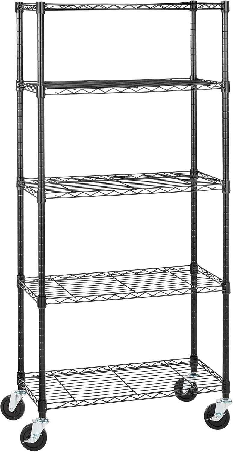 Amazon Basics Unidad de almacenamiento mediana de 5 baldas con ruedas de 4 in con estantes ajustables en altura y pies niveladores, peso máximo de 680 kg, negro, 76.2 x 35.6 x 164.5 cm (D x W x H)