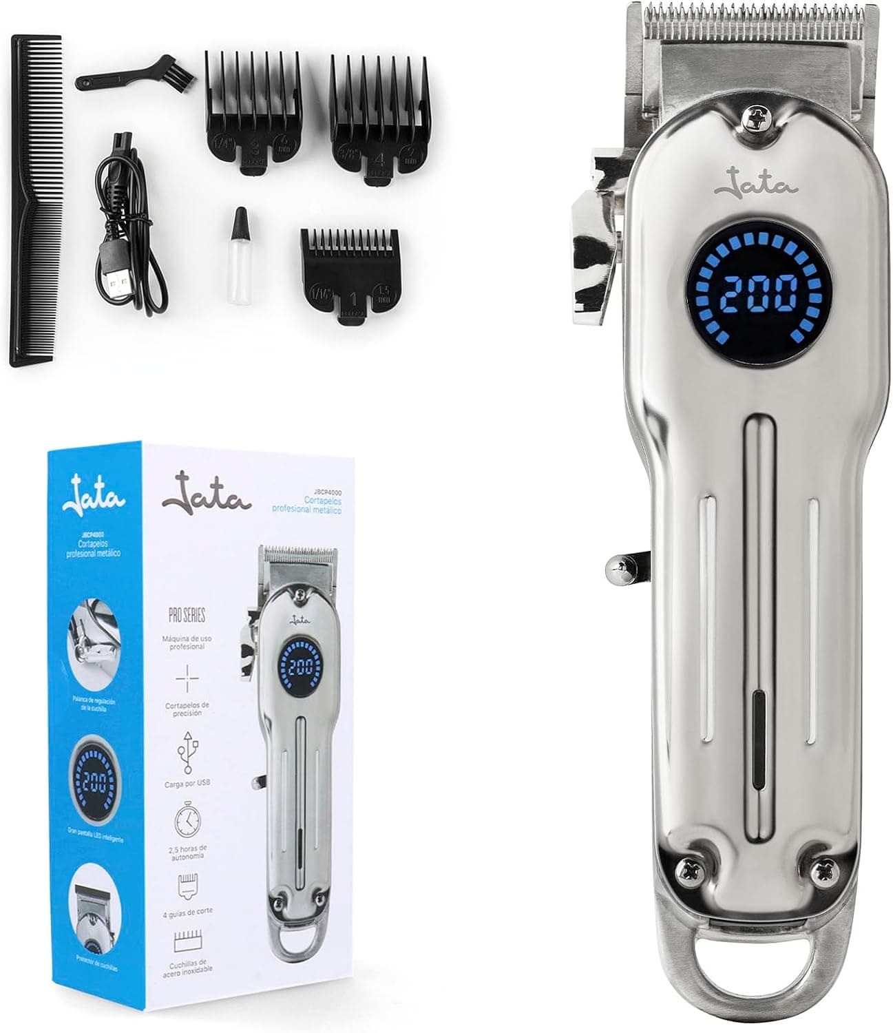 Jata JBCP4000 - Cortapelos profesional metálico de gran precisión. 4 guías de corte. Cuchillas de acero inoxidable. Funcionamiento con o sin cable. Autonomía de 150 minutos. Incluye accesorios, Gris