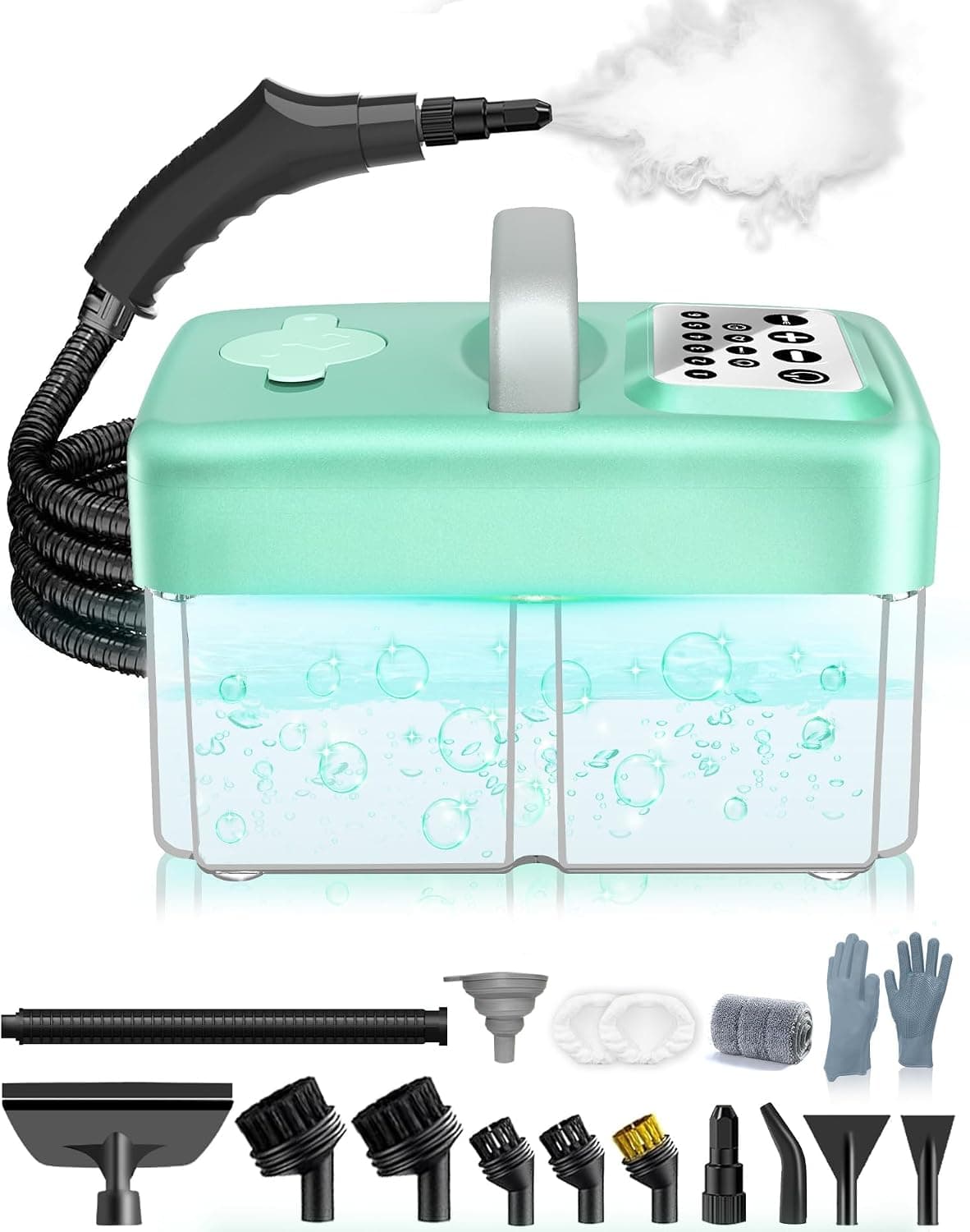 Upgrade Vaporeta Limpieza Hogar - 2500W, 6 Niveles Ajustables, Depósito de Agua de 1,6L, Vapor a 120 °C, Calentamiento en 15 s, Portátil con 10 Accesorios, Limpieza de Sofa,cortinas,Verde