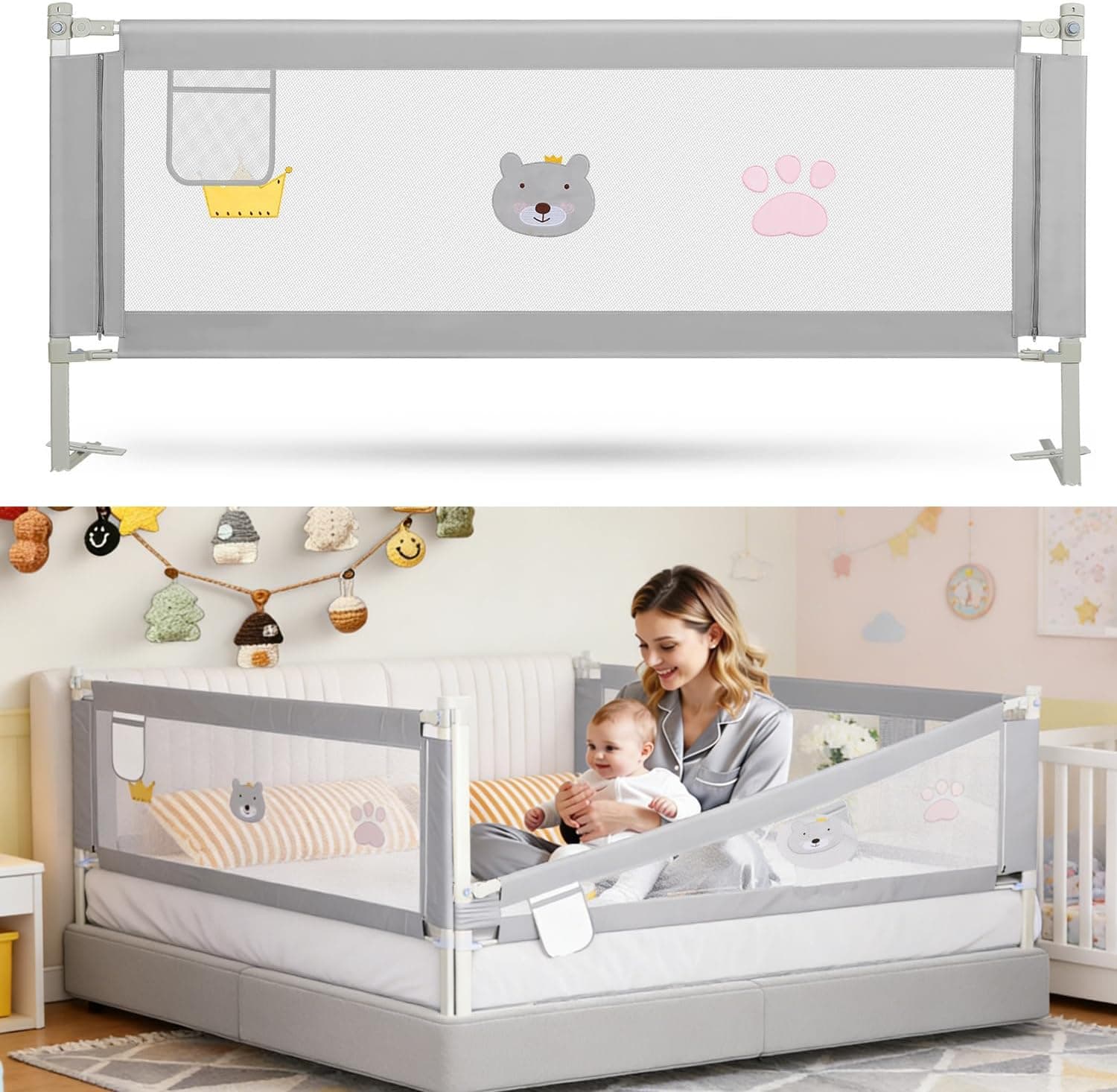 Barrera de Cama para Niños 150 cm, Barandilla de Seguridad Abatible con Altura Ajustable 70-98 cm, Protección Anticaídas con Malla Transpirable para Cama Infantil, Gris
