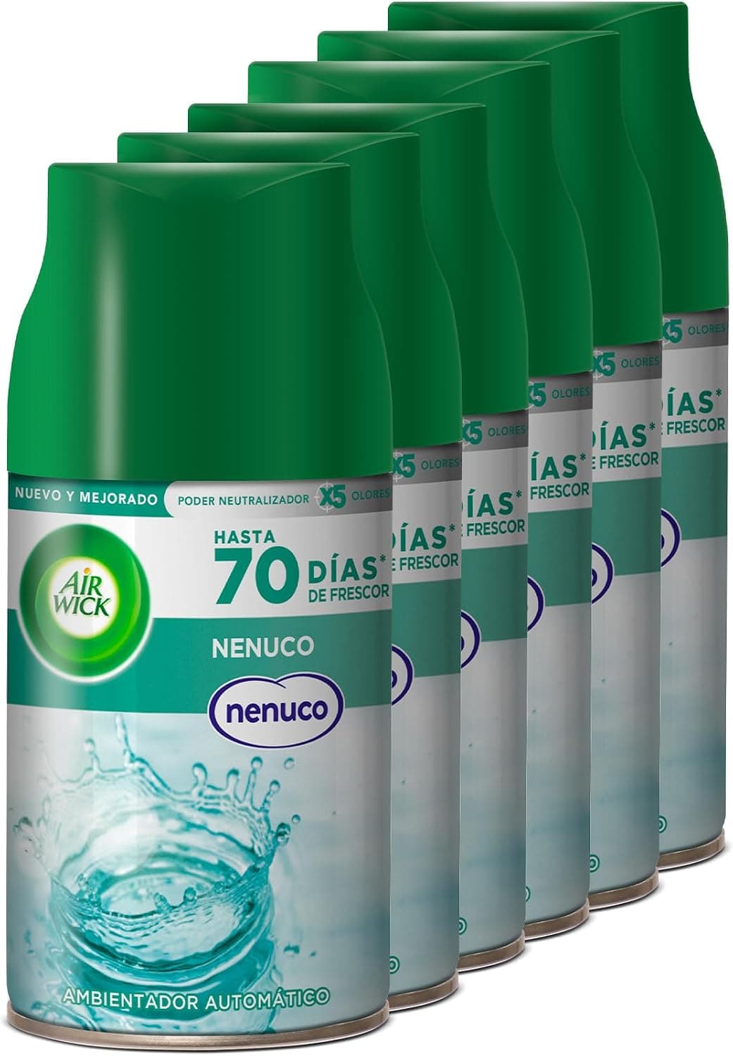 Air Wick Freshmatic - Recambios de ambientador spray automático, esencia para casa con aroma a nenuco - Azul, 250 ml (Paquete de 6)