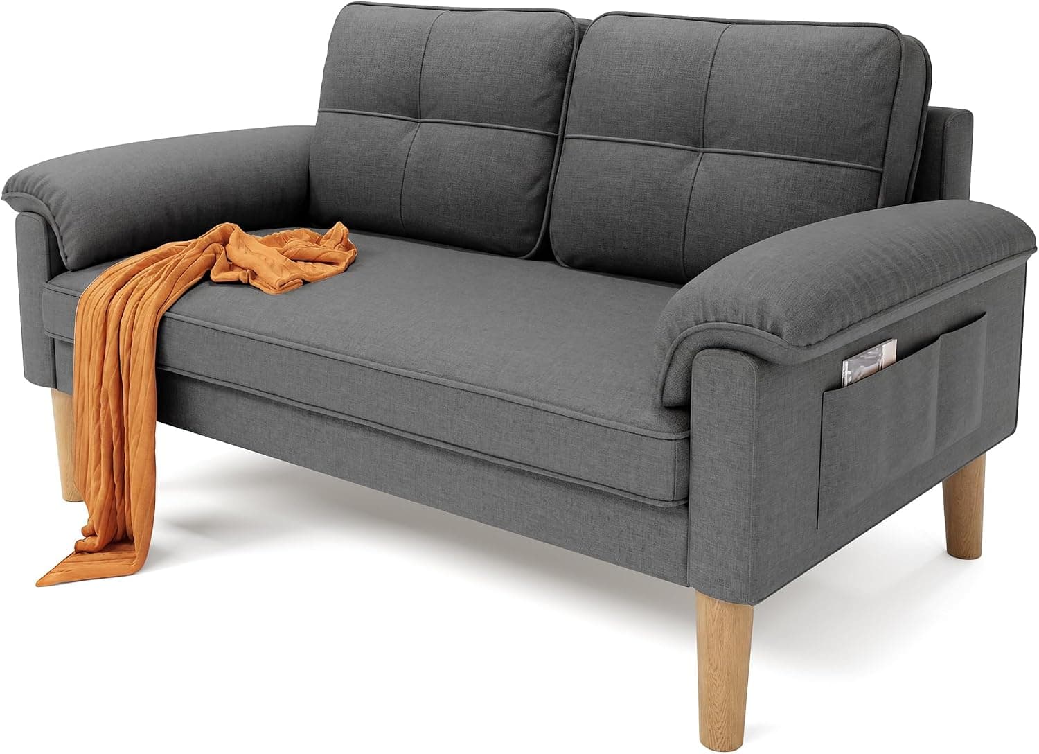 Xbro Sofá 2 Plazas con Reposabrazos y Bolsillo Lateral, Sofá Compacto de Tela para Salón, Apartamento u Oficina, Montaje Fácil, 145 x 77 x 77 cm,Gris Oscuro