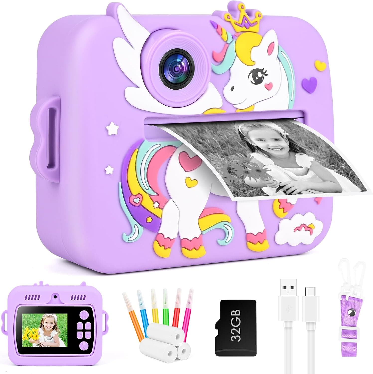 GuKKK Cámara Fotos Infantil Instantanea 12MP Selfi, Cámara Instantánea1080P 2,4''HD Video, Tarjeta SD 32GB, Regalo Comunión Niñas 3-12 Años Cumpleaños(Morado)