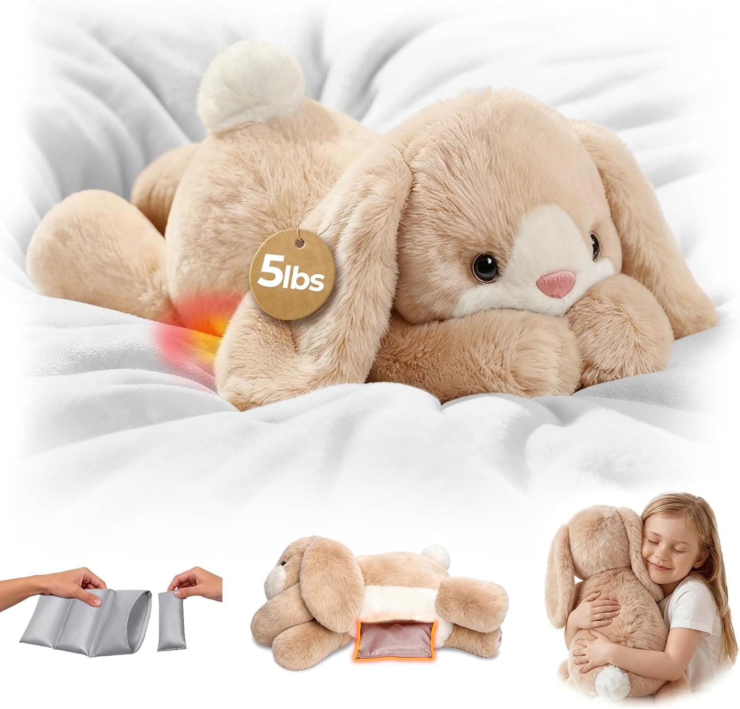 Mewaii Peluche Conejo Blanco Tumbado, 2,4 kg, Cojín Térmico