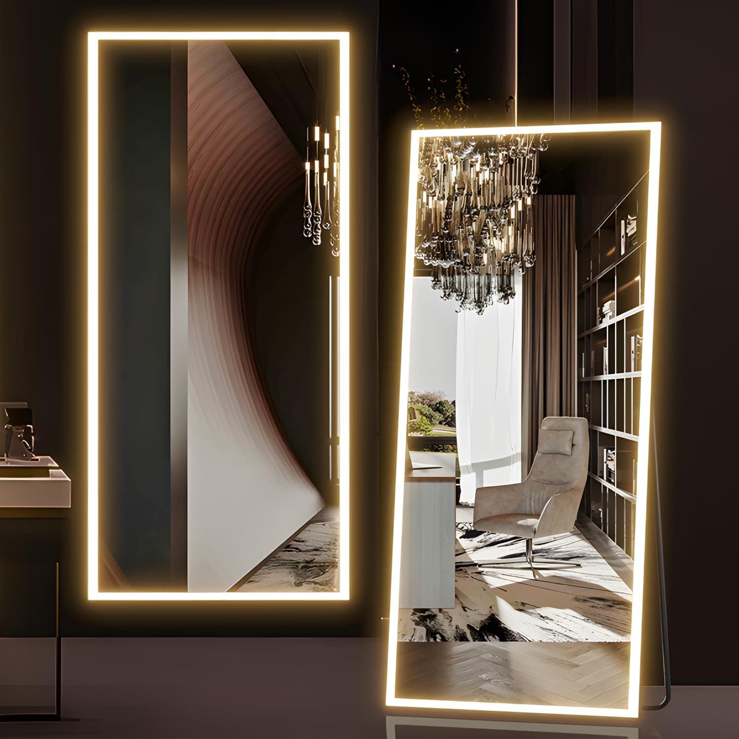 Espejo de Cuerpo Entero con Luces, Espejo de pie Iluminado de 165x 60 cm, Espejo LED para Montar en la Pared con atenuación y 3 Colores de iluminación para Dormitorio, Blanco