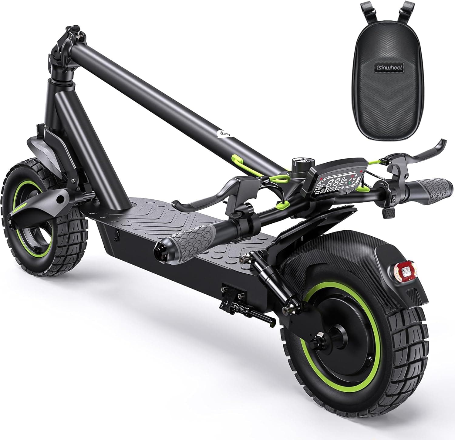 isinwheel S10MAX - Patinete eléctrico para Adulto, 1000 W, batería de 54,6 V, 15 Ah, autonomía de 60 km, neumáticos Todoterreno de 10 Pulgadas, Doble Brazo oscilante, aplicación conectada, Pantalla