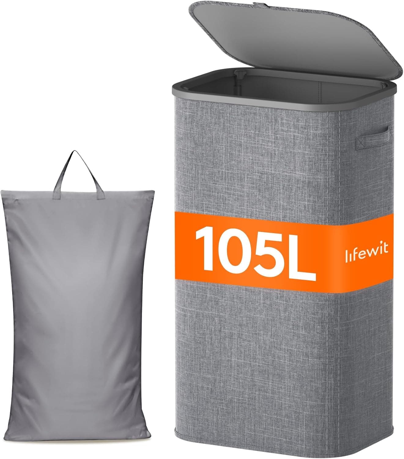Lifewit Cesto Ropa Sucia, Cesta Ropa Plegable con Bolsa Extraíble y Asa, Cubo Ropa Sucia con Tapa, Laundry Basket para Dormitorio, Baño, Lavandería, Dormitorio, 105 L, Gris Claro